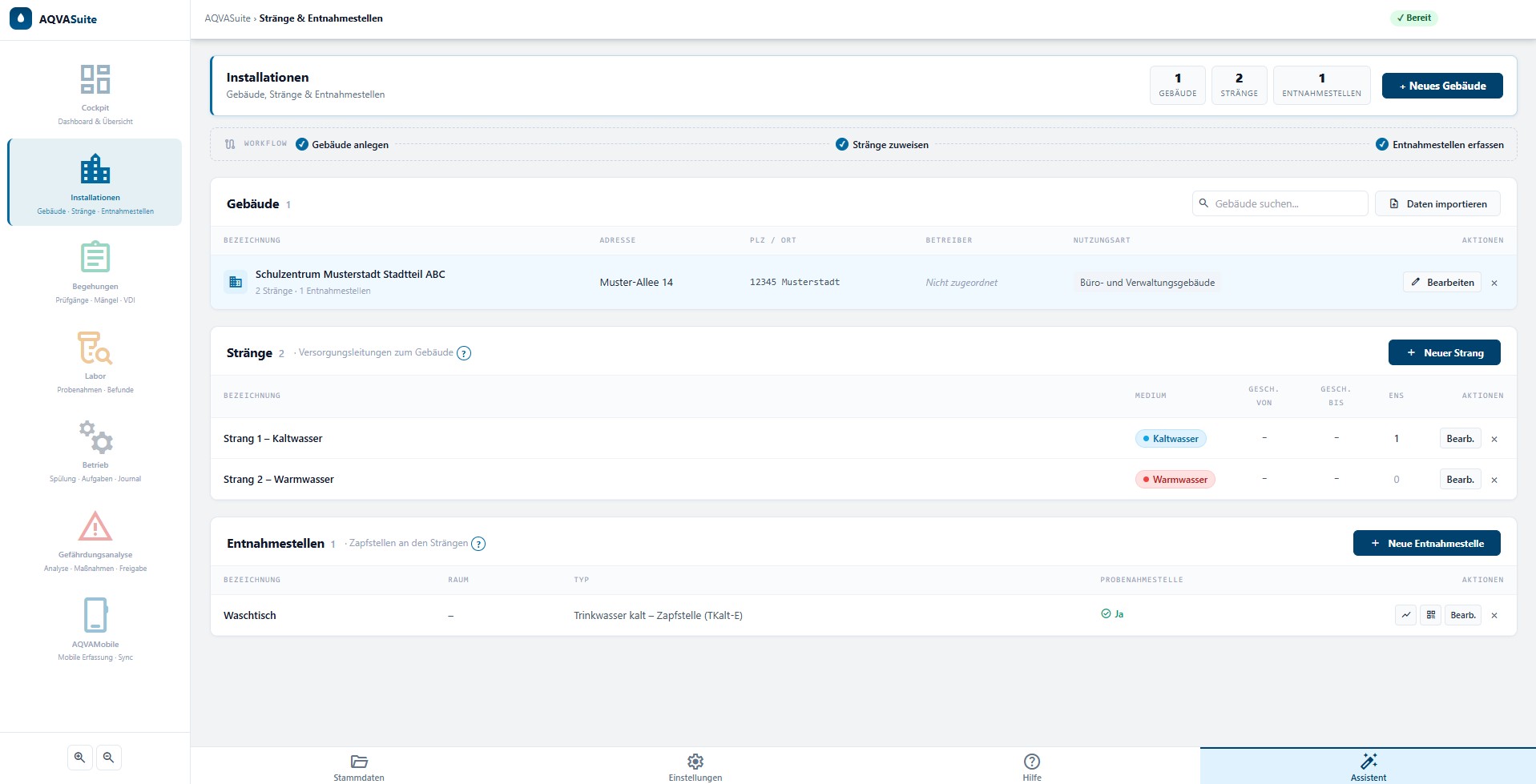 Gebäude, Stränge und Entnahmestellen mit Workflow-Indikator verwalten